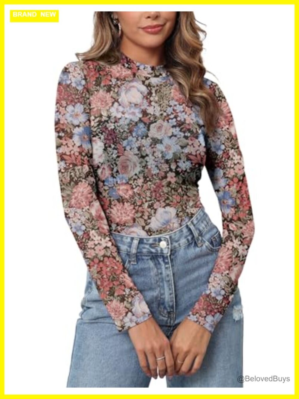 Womens Mesh Floral Long Sleeve Mock Neck Sheer Blouse